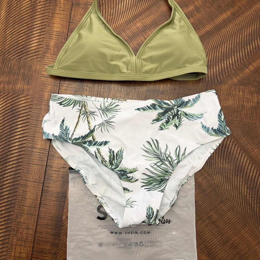 SHEIN Olive Green Triangle Bikini Top with White Palm Print Bottom